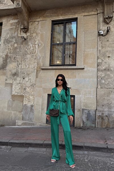 trend_ermege Satin Double Breasted Tie Blazer - Pants Suit - Green