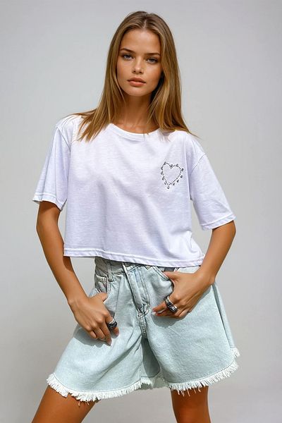 VAGGON Γυναικείο T-shirt White Crew Neck Heart Stone Crop Prmx12124