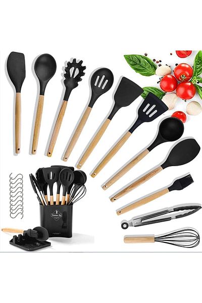 COOYA 13-Piece Silicone Wooden Cutlery Set, With Handles, 10 Hooks, Cooking Utensil for 6 People