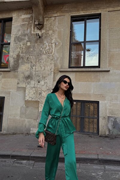 trend_ermege Satin Double Breasted Tie Blazer - Pants Suit - Green