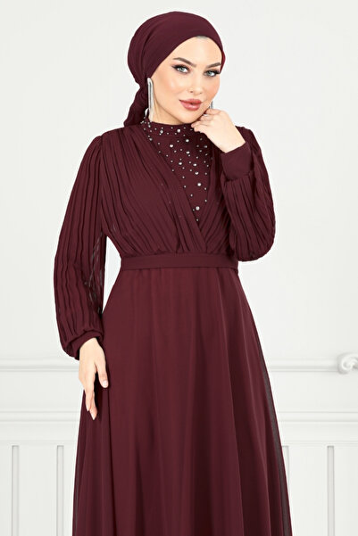ModaMerve Drape Detay Taşlı Abiye 0404ALG1079-M Bordo