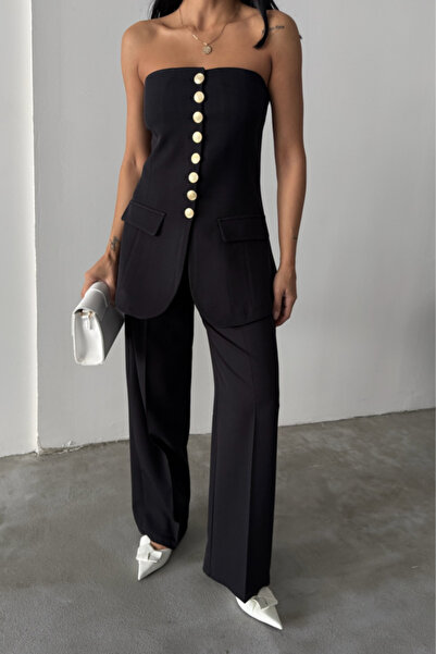 NORA Boutique Design Gold Buttoned Strapless Vest - Black