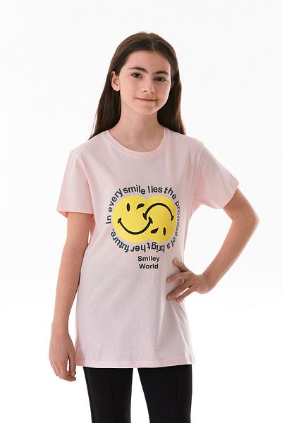 Fulla Moda 100% Cotton Smiley Face and Slogan Printed Girls' T-Shirt