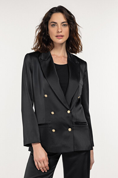 boneqa barcelona Gold Düğme Detaylı Saten Blazer Ceket