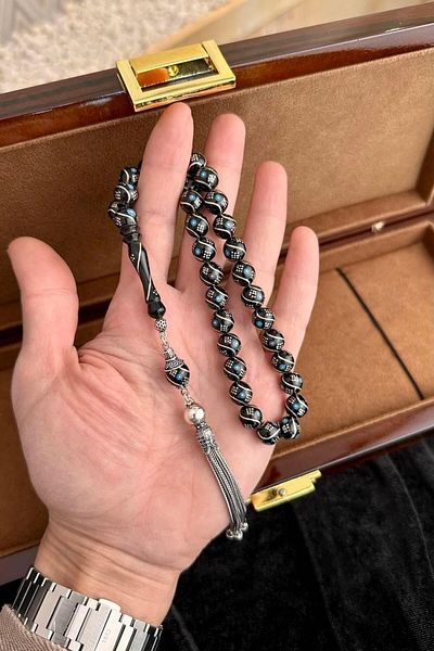 dergah tesbih Special Silver Tulip Motif Tassel, Turquoise Silver Embroidered Oltu Stone Rosary