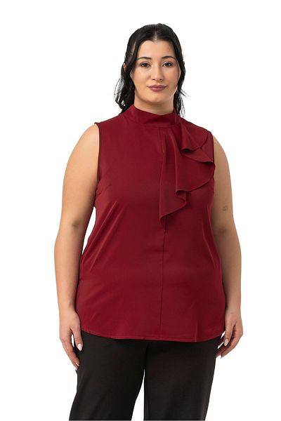 DISENTIS MODEST Plus Size Half Stand Collar Asymmetrical Flounces Sleeveless Burgundy Blouse