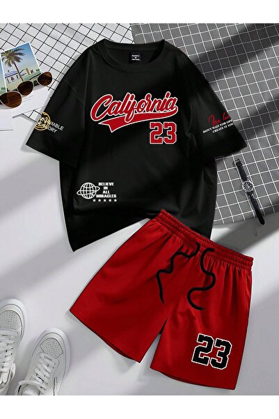 PENTHİLUS Casual Letter Print Crop T-Shirt and Lace-Up Waist Shorts 2 Piece Set