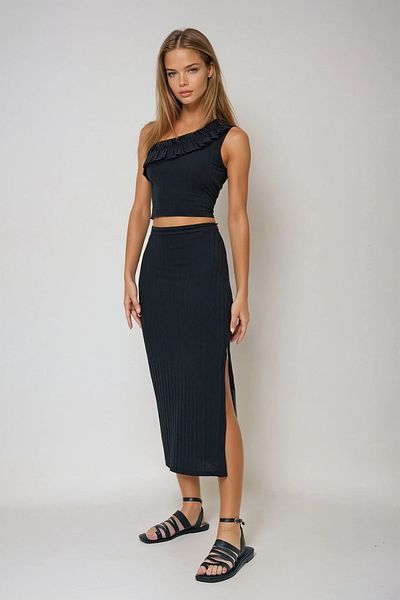 VAGGON Women's Black One Shoulder Blouse & Skirt Set - Strappy Ruffle and Slit