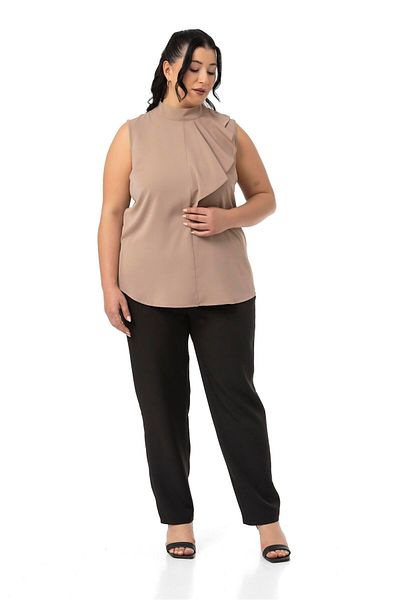 DISENTIS MODEST Plus Size Half Stand Collar Asymmetric Flounces Sleeveless Mink Blouse