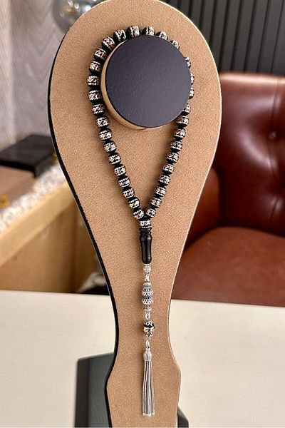 dergah tesbih Solid Brass Wrapped Silver Tassel Oltu Stone Rosary