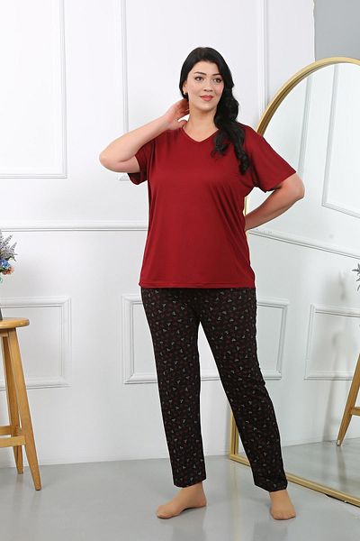 Celira Women's Plus Size Short Sleeve Combed Cotton Pajamas Set Burgundy 202406