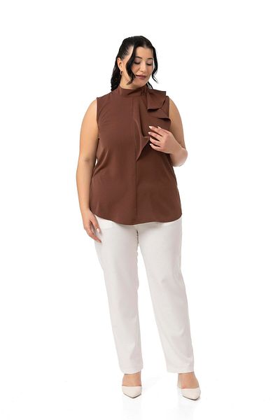 DISENTIS MODEST Large Size Half Standing Collar Asymmetrical Flounces Sleeveless Brown Blouse