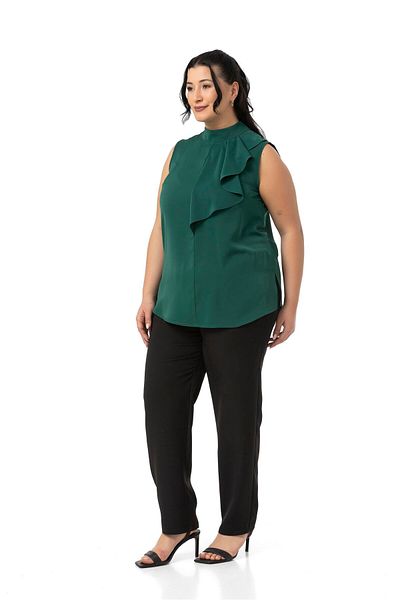 DISENTIS MODEST Plus Size Half Stand Collar Asymmetric Flounces Sleeveless Emerald Green Blouse