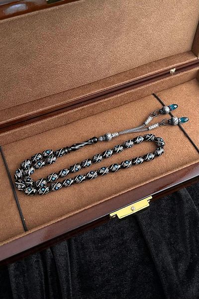 dergah tesbih Silver Kazaz Tassel Turquoise Silver Embroidered Oltu Stone Rosary