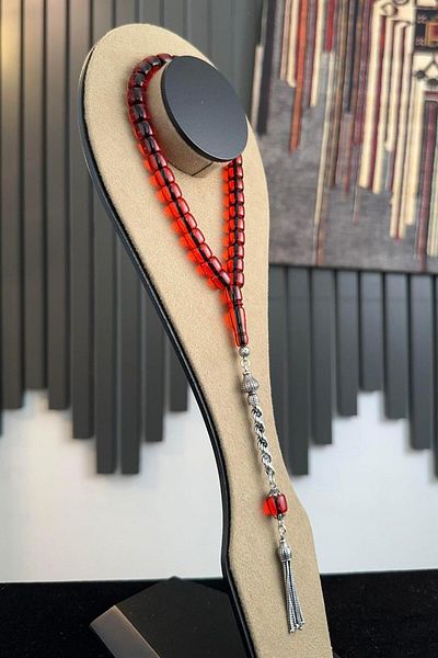 dergah tesbih Wrist Length Silver Design Red Crimping Amber Rosary