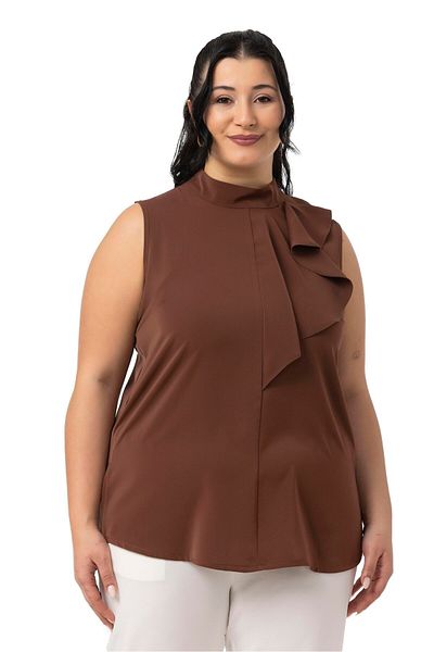 DISENTIS MODEST Large Size Half Standing Collar Asymmetrical Flounces Sleeveless Brown Blouse