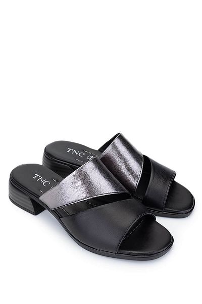 Tamer Tanca Women's Genuine Leather Black Heeled Slippers