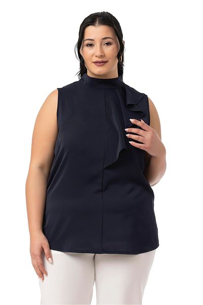DISENTIS MODEST Large Size Half Standing Collar Asymmetrical Flounces Sleeveless Navy Blue Blouse