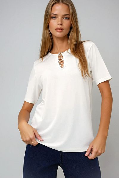 VAGGON Women's Ecru Crew Neck Ring Detailed Short Sleeve Basic T-Shirt Prmx13529