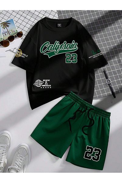 PENTHİLUS Casual Letter Print Crop T-Shirt and Lace-Up Waist Shorts 2 Piece Set