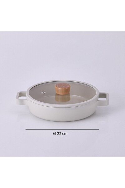 NEOFLAM Fika Cam Kapaklı Alüminyum Döküm Sahan 22 cm Bej