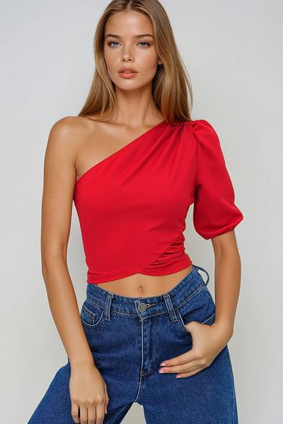 VAGGON Women's Red One Shoulder Open Waist Draped Knitted Crepe Blouse Prmx13490