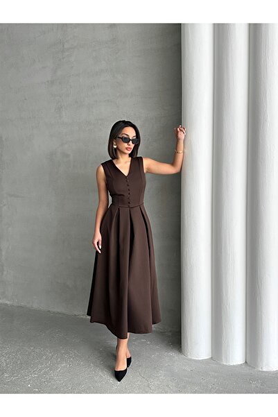 BEJNA Women's Brown V Neck Button Detail Sleeveless Dress