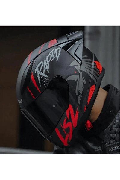 LS2 Rapıd 2 Race Raven Mat Siyah-Kırmızı Kapalı Motosiklet Kaskı Siyah Camlı