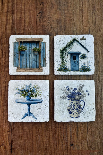 Begoloni Stone Decor Natural Stone Coasters - Village & Nostalgia Themed Blue...