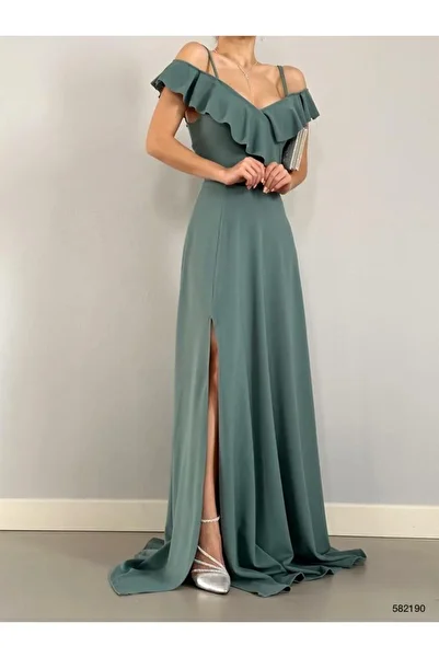 Modafeminen Strappy Shoulder Ruffled Slit Evening Dress 582190 Mint