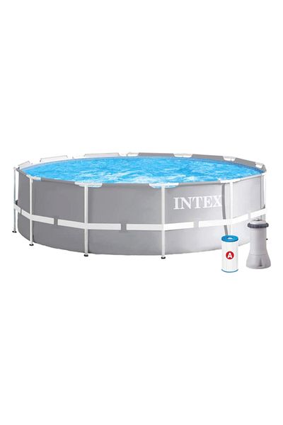 Intex Prism Frame Round Inflatable Swimming Pool with Water Filter Pump Grey 12ft x 39inch