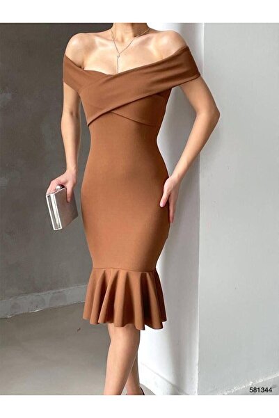 Modafeminen Ithal Krep Kumaş Madonna Yaka Volanlı Kahve Reng Elbise 581344