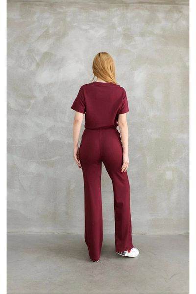 fh fashionhere Osy Modal Soft Textured Fabric Crew Neck Short Sleeve Set with Piece Detail - Claret Red