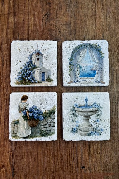 Begoloni Stone Decor Doğal Taş Bardak Altlığı - Santoini Temalı 10x10cm Stone...