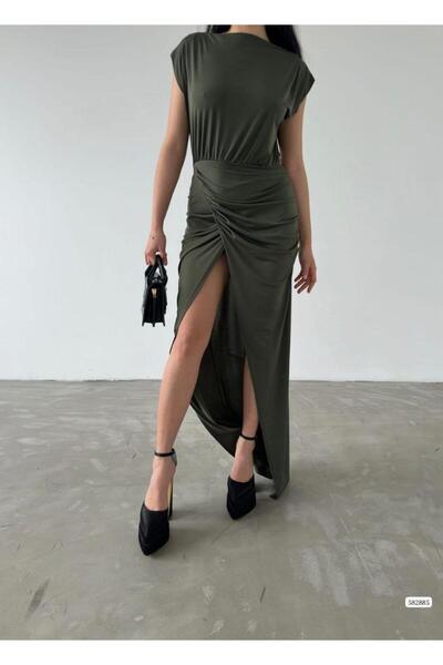 Modafeminen Μακρύ άμμο φόρεμα με σχισμή μέση 582885 Χακί