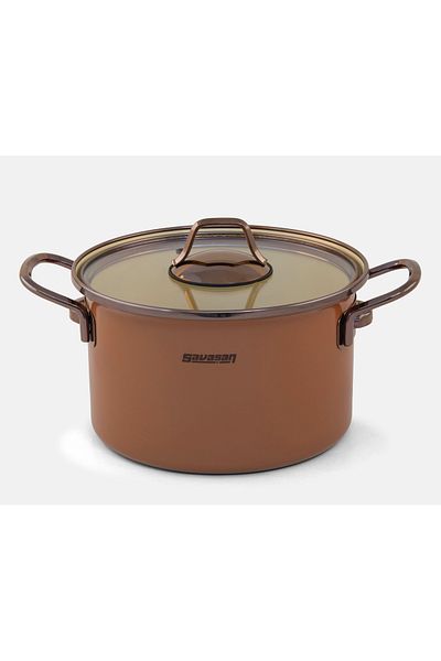 Savaşan Emaye 16 cm Asia Enamel Pot, Deeply Detailed, Copper Handle and Glass Lid, Stylish Design