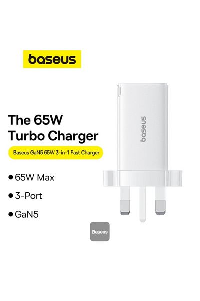 Baseus شاحن سريع GaN5 Pro بمنفذين Type C + USB - 65 واط - أبيض - كابل Type-C - 100 واط - 1 متر - أبيض