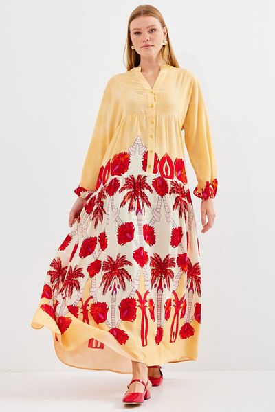 modaserdem Yellow Red Viscose Hijab Dress 2423