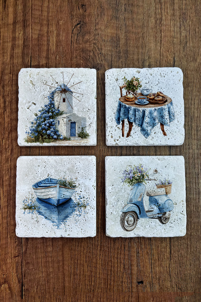 Begoloni Stone Decor Doğal Taş Bardak Altlığı - Nostalji Temalı Mavi Tonlar -...