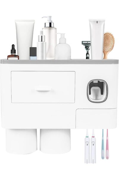 SKY TOUCH حامل فرشاة الأسنان SKY-TOUCH المثبت على الحائط، منظم متعدد الوظائف بسعة 2 كوب مع درج للحمام،