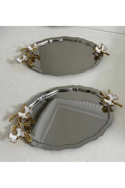 Elzemm store Steel Oval Model 2 Pieces Double Branch Accessory Service and Presentation Tray 25 cm