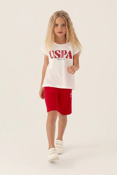 U.S. Polo Assn. US1833-C بدلة برمودا مرخصة للفتيات باللون الكريمي والأحمر