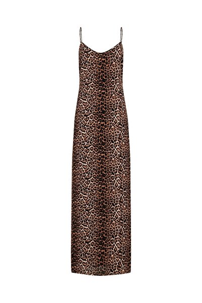 Beauty Omelette Leopar Desen İp Askılı Şifon Uzun Elbise