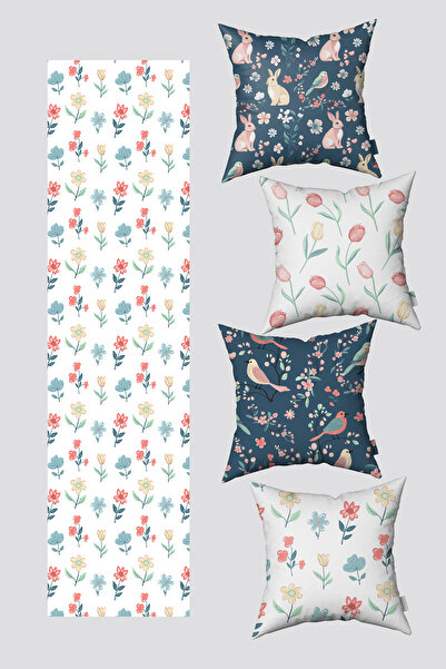 EsnafAli Ροζ Πράσινο Μοτίβο λουλουδιών Σετ 4 ριχτάρι και Runner