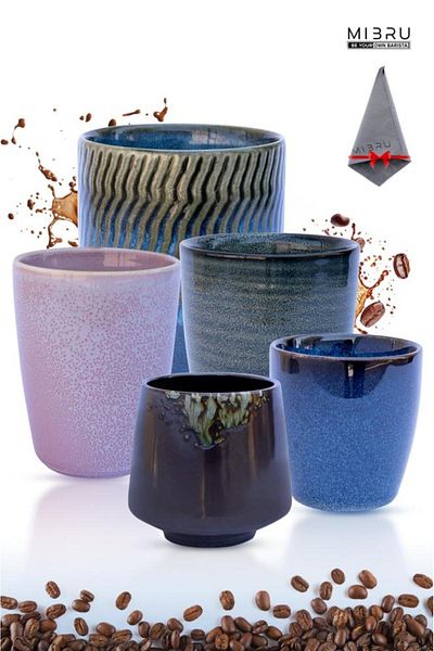MIBRU Specialty Coffee Mugs Set, Ceramic, Set of 5, Modern Latte Cappuccino Mugs