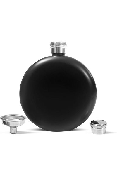 HEDİYE FİKRİ Black Color Round Flask Set with 4 Shot Glasses |   Stainless Steel
