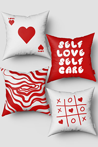 EsnafAli Λευκό Κόκκινο Σετ με 4 Καλύμματα Μαξιλαριού Ριχτάρι με μοτίβο αγάπης