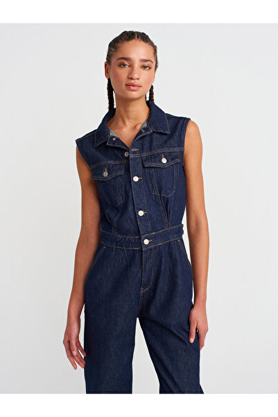 Dilvin 71804 Sleeveless Long Denim Jumpsuit-Navy Blue