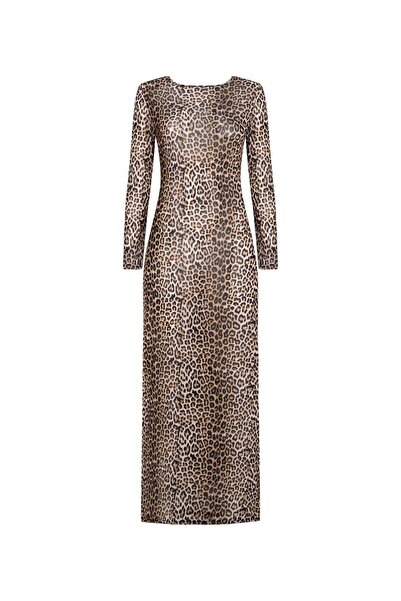 Beauty Omelette Leopar Desen Tül Sırt Dekolteli Uzun Elbise