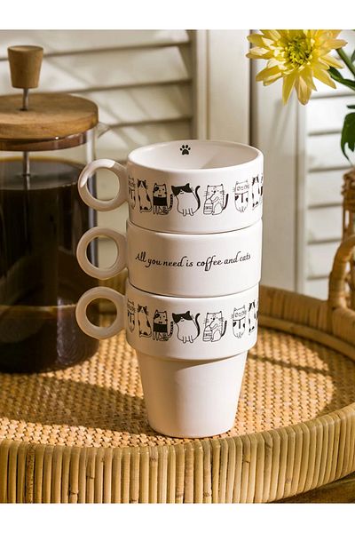 LC Waikiki Lcw Home Black Printed Ceramic Mug Set of 3 365 ml